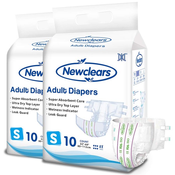 Newclears Adult Diapers with Tabs for Men Women Incontinence Care, Disposable Absorbent for Disability Postnatal Patient Bedridden Care, 10 Count/Pack (Small - 20 Count)