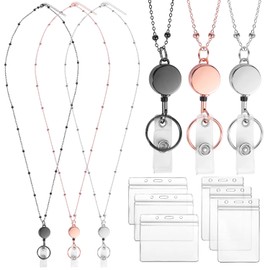 Lanyards for Id Badges 3 Pack Badge Lanyard with 6 Pcs Id Badge Holder Retractable Stainless Steel Teacher Lanyard Cruise Ship Lanyards for Girl Women (Black, Silver, Rose Gold)