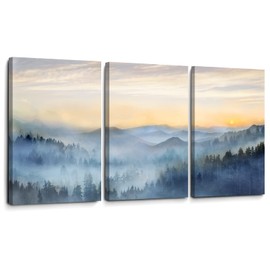 Wall Decor for Bedroom 3 Panel Sunrise Misty Forest Print Picture Paintings Wall Art for Living Room Bathroom Framed Canvas Artwork Modern Room Wall Decorations Size 16x24 x 3 Piece Ready to Hang