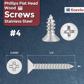 Kozelo 300pcs Phillips Flat Head Wood Screws - [#4x1/4] 304 Stainless Steel Countersunk Self Tapping Screws for Furniture Assembly, Interior Trim, Outdoor Construction, Silver