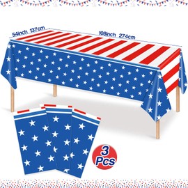 KALOR 3 Pack 4th of July Tablecloth, Stars and Stripes Plastic Disposable Table Cover for Fourth of July Memorial Patriotic Day Independence Veterans Day Party Supplies(108" x 54")