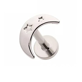 Pierced Owl 18GA 316L Stainless Steel Threadless Crescent Moon with Cut Out Stars Flat Back Stud