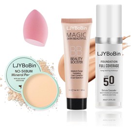 4PCS Foundation Makeup Set – Includes color-changing foundation, hydrating BB cream, matte loose setting powder, and makeup sponge. Waterproof, long-lasting, and moisturizing for full coverage.