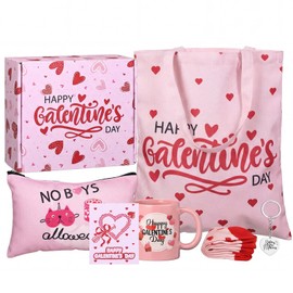 7 Pcs Galentine's Day Gifts Set for Women Include Mug Cup Tote Bag Makeup Bag Socks Keychain Greeting Card with Box Gift Ideas Ladies Celebrating Ladies BFF Bestie Galentine Party Favors