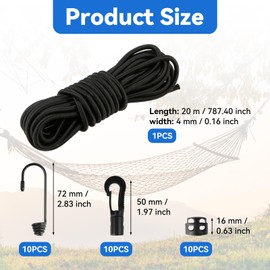 20M All Purpose Rope, String Strong Traction Tying Rope, Braided Polyester Rope with 10 Spiral Hooks, 10 Plastic Hooks, 10 Choke Clamps, Parachute Cord Paracord, Soft Cotton Rope for Camping