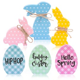 6Pcs Easter Bunny Decorations, Wooden Rabbit Egg Shaped Tabletop Centerpieces Table Signs with Rope Farmhouse Easter Decor for the Home Office Dining Room
