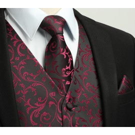 HISDERN Black Red Waistcoat for Men Paisley Floral Jacquard Necktie Pocket Square Wedding Party Business Fit Vest Suit Set,2XL,Black& & Red-N