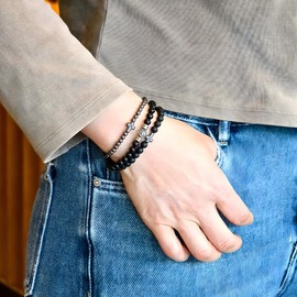 MOPOVO Bracelets For Men 7in Natural Stone Beads Bracelet Tiger Eye, Black Agate, Lava Rock Beaded Bracelet, Evil Eye Protection & Stylish Bracelet for Men Women's Jewelry Gifts