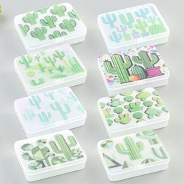 Thintinick 8-Pack Rectangular Frosted Matte White Plastic Storage Containers Box with Cactus Image on Hinged Lid for Beads and Crafts, 4.5 x 3.3 x 1.1 inch / 115 x 85 x 28 mm
