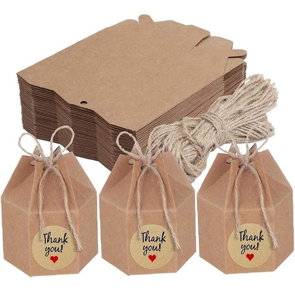 50 Pieces Paper Candy Boxes, Kraft Paper Gift Boxes, Brown Paper Candy Boxes, Comes with Rope and Stickers, Used for Birthday Party Wedding Banquet (Brown)