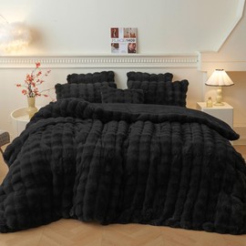 LIFEREVO Luxury Fluffy Faux Rabbit Fur Duvet Cover Set, Soft Plush Shaggy Bubble Bedding Set Home Decoration, 1 Fuzzy Washable Comforter Cover + 2 Furry Pillowcases, Zipper Closure, Black, Queen Size