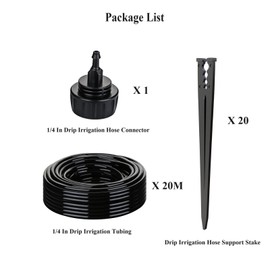 Yulaiyoen 1/4 inch Drip Irrigation Tubing 65 FT Roll, 20 Pcs 1/4" Drip Irrigation Tubing Support Stakes,1 Pcs 3/4" to 1/4" Drip Irrigation Hose Connector