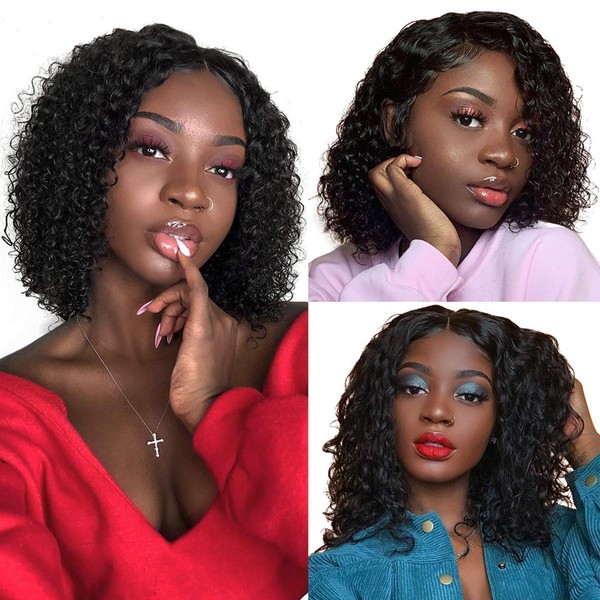 TOOCCI Water Wave Bob lace Front Wigs Human Hair Pre Plucked for Black Women Brazilian Hair Short Bob Curly Frontal Wig with Baby Hair 150 Density （16Inch 4x4 Lace Part Wigs）