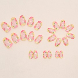 Press on Nails Short Oval Fake Nails with Floral Designs Daily Wear Simple Nails Press ons Glossy Glue on Nails Cute False Nails Full Cover Acrylic Stick on Nails for Women 24Pcs