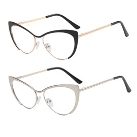 bullabulling 2Pack Cat Eye Reading Glasses For Women Metal Frame Blue Light Blocking Computer Readers (black/silver, 1.5, multiplier_x)