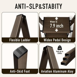 Mayi Plus 2 Step Ladder,Aluminum Folding Step Stool for Adults,Step Ladder with Wide Anti-Slip Pedal,330 lbs Capacity for Home,Office,Kitchen,Library(Walnut)