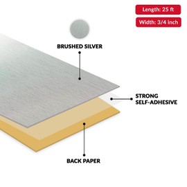 Brushed Silver PVC 3/4 inch x 25 ft Edge Banding Peel Stick Tape Adhesive Metal Edging Veneer Aluminum Trim Flexible Strip Molding MDF Wood Cabinet Laminate Shelf Furniture Countertop Formica Plywood