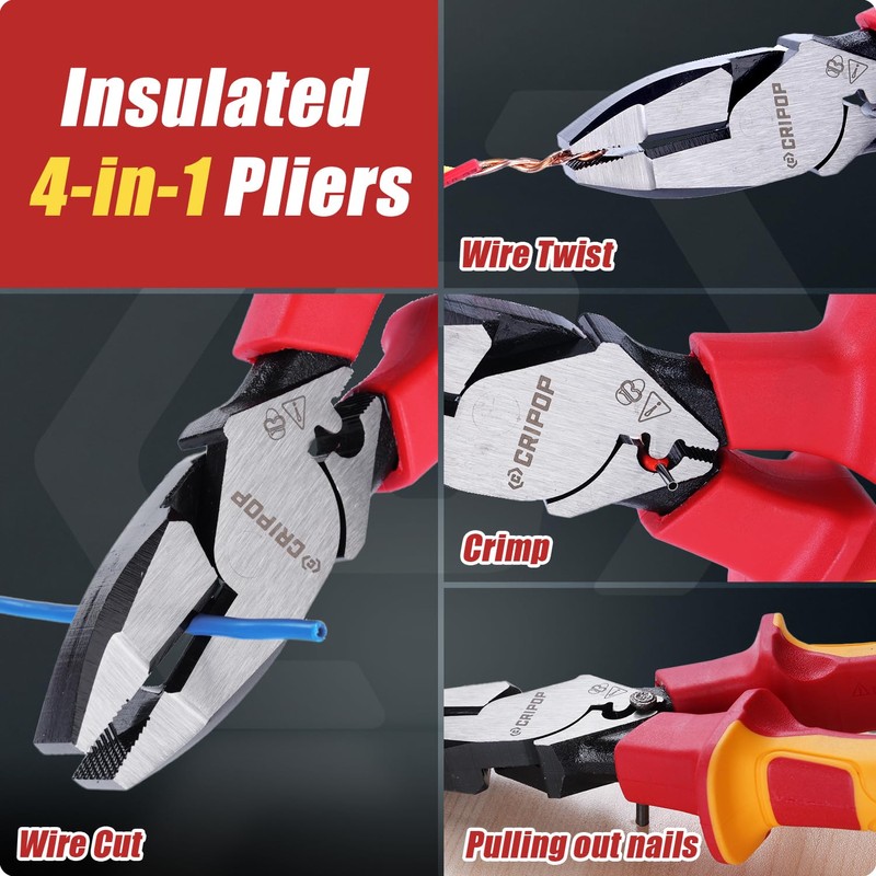 CRIPOP Insulated Linesmen's Pliers with Tool Storage Case, 9 Inch