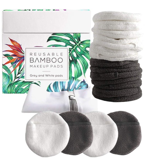Luxury Bamboo Reusable Makeup Remover Pads, USA Brand (14 PK), Four Layer Face Pads w/Pocket - Reusable Bamboo Face Pads - Eco-Conscious Makeup Remover Pads - Includes Mesh Washing Bag (White/Grey)