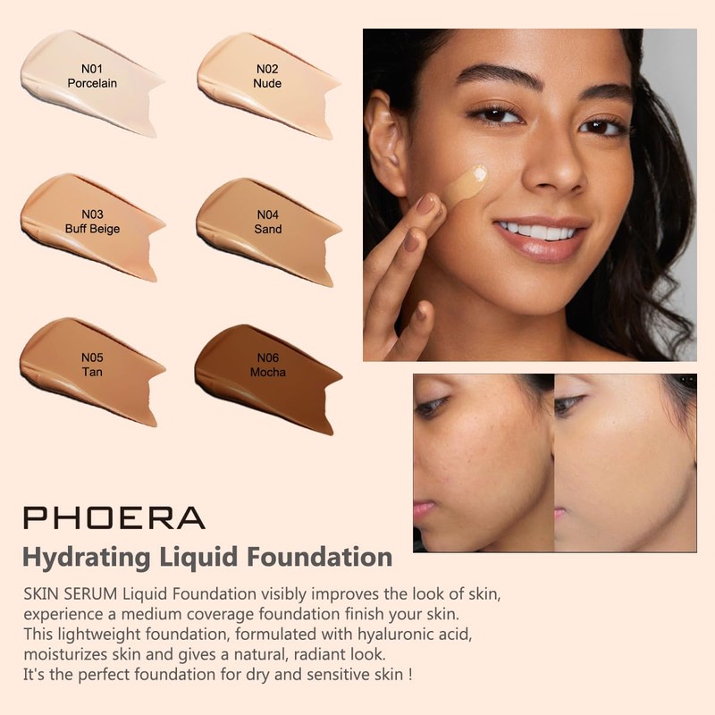 PHOERA Hydrating Serum Foundation,Makeup Base Foundation Hypoallergenic and Flawless Full