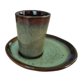 PintoCer Espresso Coffee Cups Made of White Stoneware, without Handle with Brown Saucer (Green/Green, 2)