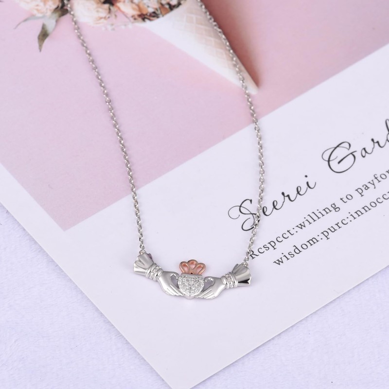 Irish Claddagh Necklace 925 Sterling Silver Heart Birthstone Gift（April）