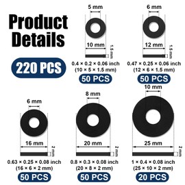 Flat Rubber Washers Assortment Kit - 5 Sizes Black Heavy Duty Washers for Shower Head, Garden Faucet & Plumbing Repair (220)