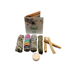 Smudge Kit Spiritual Set - White Sage, Cedar, 7 Chakra Sage, Yerba Santa, Palo Santo, Sandalwood T-Lite Candle - for Purifying, Cleansing, Meditating, Blessing, Manifesting, Love (Smudge Kit)