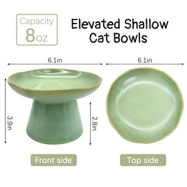 VCEPJH Raised Cat Food Bowls Shallow Cat Plate Ceramic Elevated Cats Dish 6.1in Flat Anti Whisker Fatigue Wide Pet Food & Water Feeder for Indoor Kitty Kitten (Green)