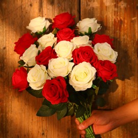 JUSTOYOU 20 PCS Rose Artificial Flower,Double Colour Silk Blooming Rose with Stem,Artificial Rose Bouquet Realistic Flower for Home Table Office Party Wedding Garden Arrangements(red and white)