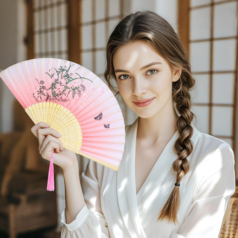 Bantoye 2 Pieces Handheld Fans Silk Folding with Frames for