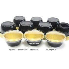 KitchenDance Disposable Colored Aluminum Foil Ramekins Pan with Lid - 4 Ounces Round Non-Stick Baking Pans Perfect for Home, Bakeries, Restaurants, 100 Pack, #ALU-50 (Flat Lid, Black w/Gold Interior)