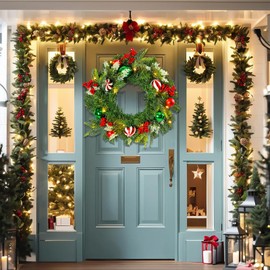 Yinns 20 Inche Large Christmas Wreath with Light, Pre-Lit Christmas Wreath for Front Door, Christmas Wreath with LED Lights for Indoor Outdoor Window Fireplace Home Decoration