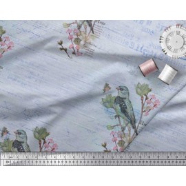 Soimoi Cotton Canvas Fabric Text,Floral & European Greenfinch Bird Decor Fabric Printed metre 42 Inch Wide