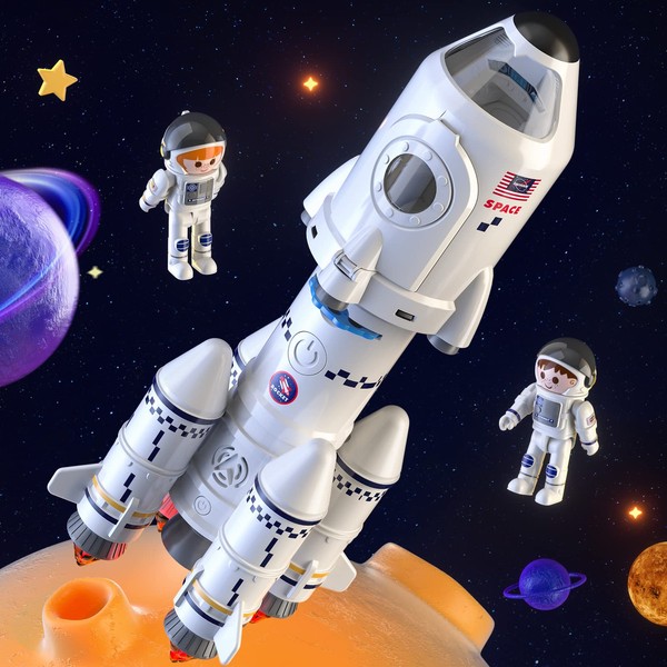 TEMI Space Shuttle giocattolo per razzo 3 4 5 6 7 8 9 anni bambini giocattolo educativo 5 in 1 STEM giocattolo con 2 astronauti lampada di proiezione, giocattolo spaziale regalo per ragazzi e ragazze