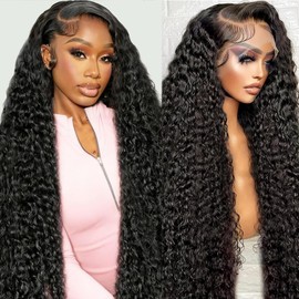 GYAJEP 34 Inch 13x6 Lace Front Wigs Human Hair 200 Density Water Wave Human Hair Wig Pre Plucked Curly Wig for Black Women Deep Wave Lace Front Wig