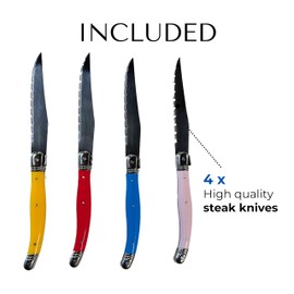 JS Gourmet Steak Knives Set of 6, Forged Stainless Steel, Serrated Steak Knife, Laguiole French Style with Ergonomic Carved Wooden Handles and Bamboo Storage Box for Beef, Chicken, Fish