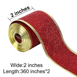 20 Yards Red Glitter Wired Ribbon with Gold Metallic Edge, 2 Inch Christmas Ribbon for Wreath, Tree Decoration, Home Decor (Red, 20 Yard)