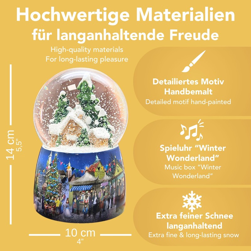 Snow globe Christmas music box, winter hut, base Christmas market