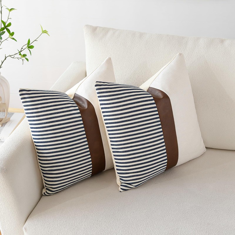 Artscope Farmhouse Decor Stripe Patchwork Linen Cushion Covers Cases Set