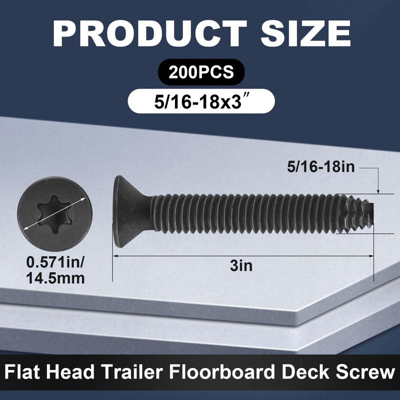 Blulu 200 Pcs Flat Head 5/16-18x3'' Trailer Deck Screws T40