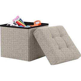 Ornavo Home Foldable Tufted Linen Storage Ottoman Square Cube Foot Rest Stool/Seat - 15" x 15" x 15" (Grey)