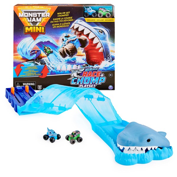 Monster Jam, Mini Megalodon Race and Chomp Playset with 2 Monster Jam Mini Trucks in 1:87 Scale, Monster Truck Toys for Kids Aged 3 and Up