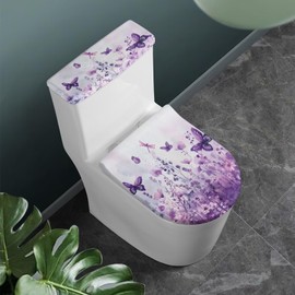 Wetoricau Butterfly Lavender Print 2 Pack Toilet Lid Cover with Toilet Tank Lid Cover, Machine Washable Covers, 15-21 in, Fits Oval Elongated Round Toilet Seat Cozy