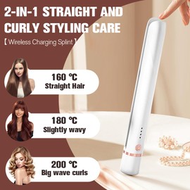 BIZOI Mini Glätteisen Kabellos, 2 In 1 Glätteisen Locken und Glätten, Mini Lockenstab, für Reisen, Alle Haartypen Geeignet, Glätten, Wellen, Locken Nach Innen, Nach Außen, Bandlocken, Pony(Weiß)