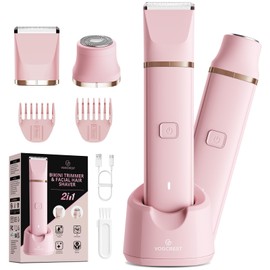 VG VOGCREST Bikini Trimmer for Women: Rechargeable 2-in-1 Painless Body Shaver for Leg Arm Underarm with Length Combs - Portable Travel Friendly Pubic Grooming Kit with Charging Dock (Light Pink)