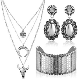 Inbagi 3 Pcs Boho Western Jewelry for Women Layered Necklace Cowboy Cowgirls Western Women's Necklace Silver Bracelet and Dangle Earrings