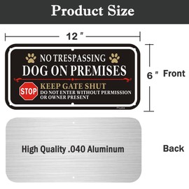 Phyabe 2 Pack No Trespassing Dog On Premises Keep Gate Shut Sign, 12 x 6 inch Rust Free Aluminum Dog Sign, Weather Resistant, Waterproof, Durable Ink, Easy to Install - Black