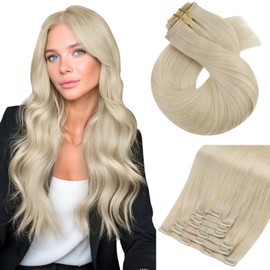 Moresoo Seamless Clip in Hair Extensions Human Hair Blonde PU Seamless Invisible Clip in Human Hair Extensions Golden Platinum Blonde #60 7pcs/120g 22inch