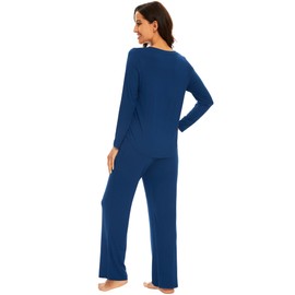 WiWi Pajamas for Women Long Sleeve Set Soft Casual Pj Warm Viscose from Bamboo 2 Piece Lounge Sets S-XXL, Ink Blue, X-Large